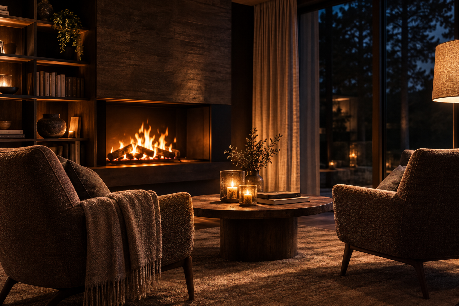 Warm haardlicht in een donkere kamer met twee stoelen