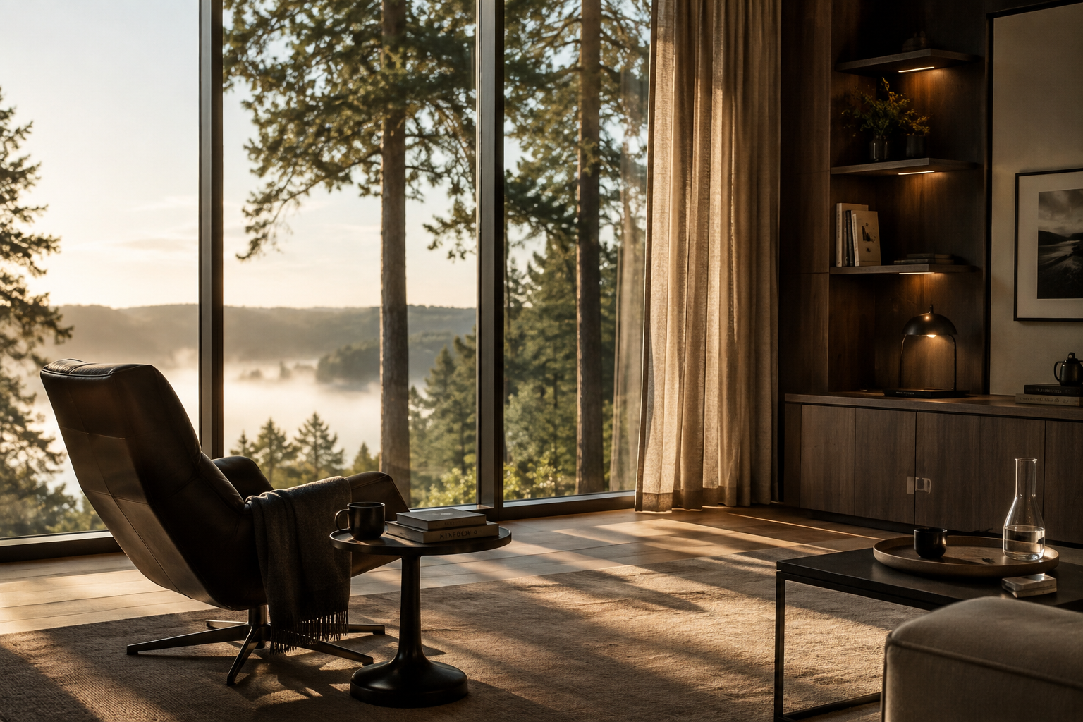 Een rustig interieur met groot raam en invallend licht