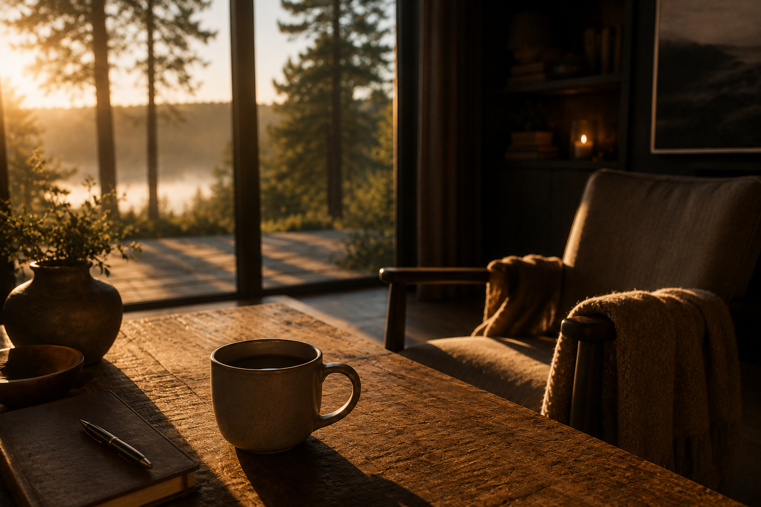 Een kop koffie op een houten tafel in ochtendlicht