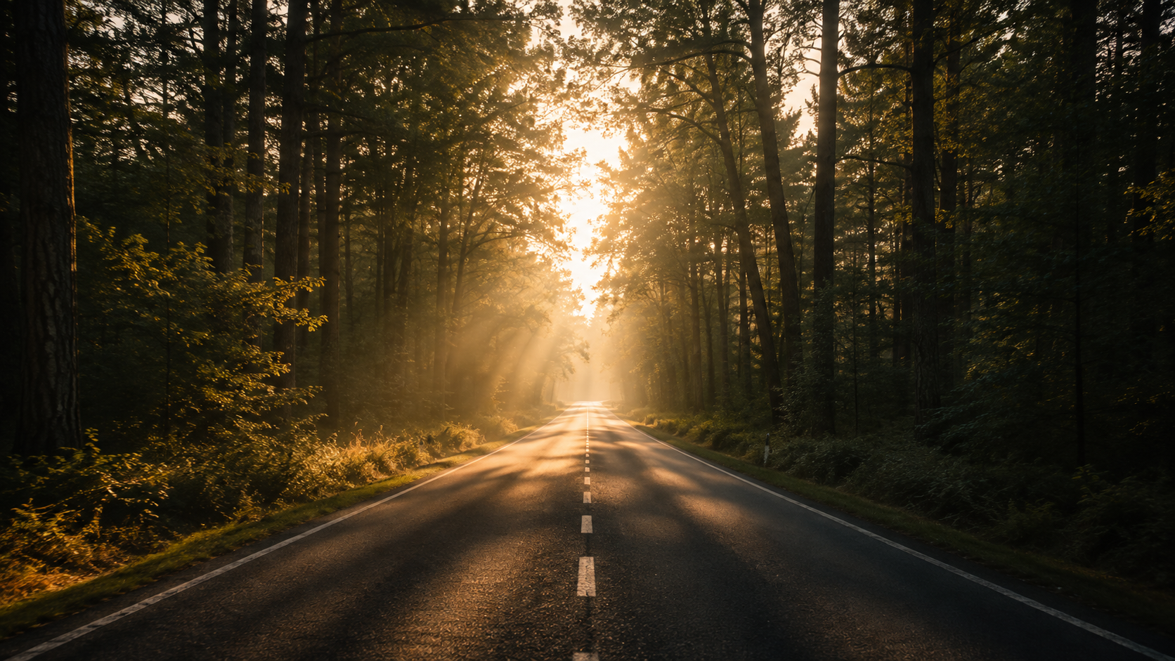 Een open weg tussen bomen met licht aan het einde