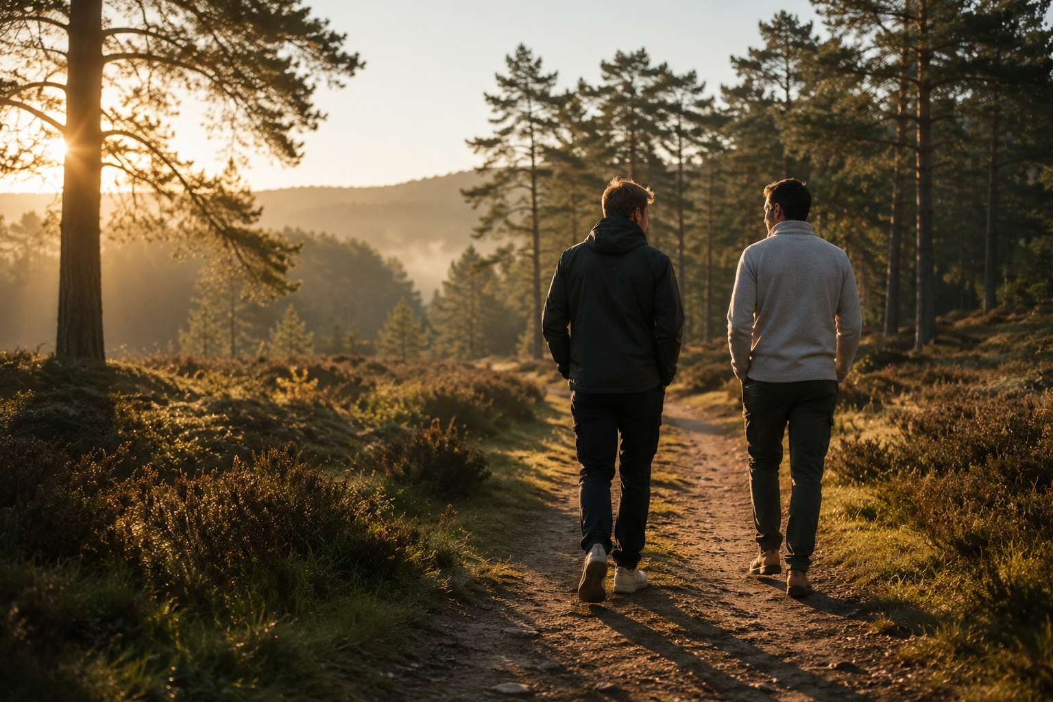 Twee mannen wandelend over een pad door open land